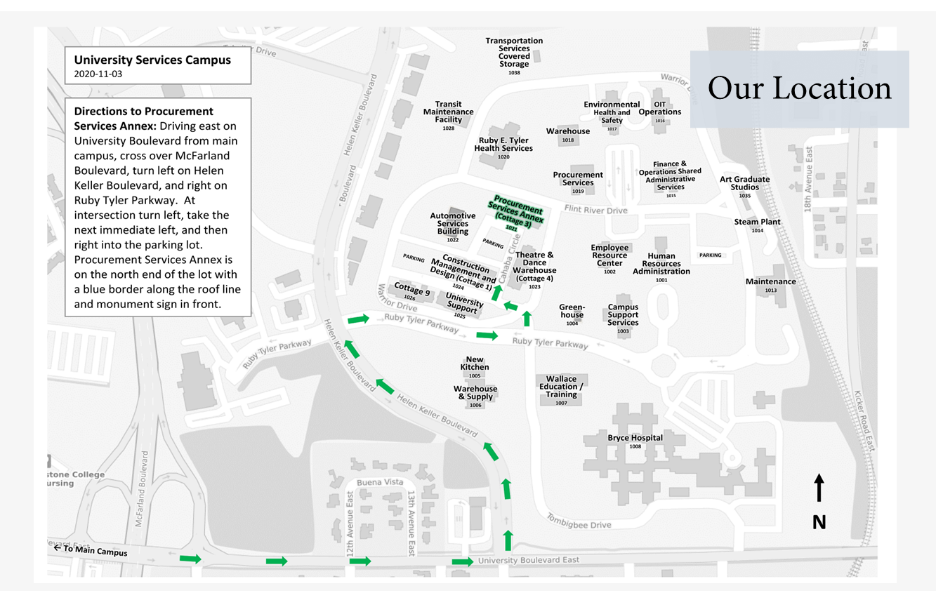 Procurement Services Annex at Cottage 3 on the University Services Campus off Hellen Keller Blvd.